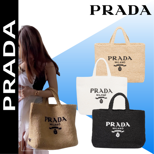 【プラダ】サマー素材/スモール ラフィアトートバッグ ロゴ 刺繍 カゴ-選べる2色