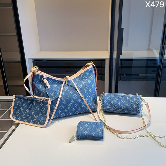 【ルイ・ヴィトン】☆キャリーオール トートバッグ|デニム素材の4点セット♪ベルトとチェーン付きで超おしゃれ!